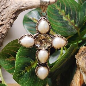 Southwestern Boho Style Pearl Cross Pendant Made In Nepal